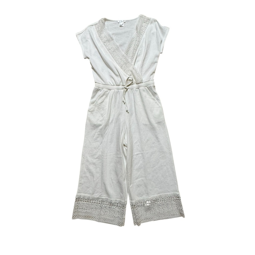 Venus White Lace Trim Cropped Jumpsuit Wide Leg Casual Resort Size S